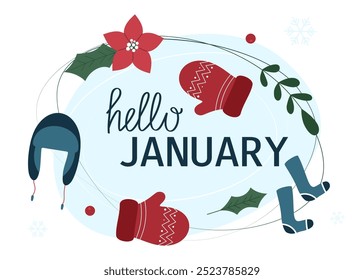 Winter hand drawn lettering Hello  January. Wintry season slogan. Short phrase with cute design elements.