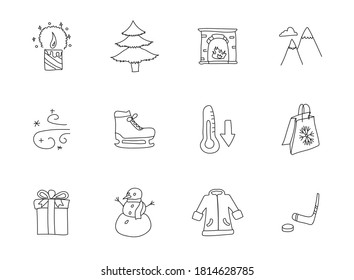 winter hand drawn linear vector icons isolated on white background. winter doodle icon set for web and ui design, mobile apps and print products