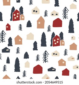 Winter hand drawn modern houses, Christmas trees elements on seamless repeat pattern for cozy Christmas time. Vector illustration in beige, blue, red colors on white background