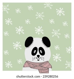 Winter hand drawn panda in scarf. Snowflakes backdrop