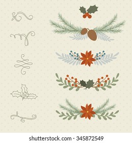 Winter hand drawn plant borders and dividers. Berries, poinsettia, branches, pine cones. Hand drawn curls and swirls.