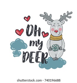 Winter hand drawn poster, cartoon vector illustration. Christmas and New Year card template with phrase and decor elements. Design for greeting cards, t-shirt, prints.