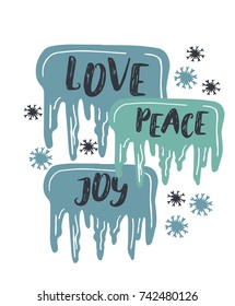 Winter hand drawn poster, cartoon vector illustration. Christmas card template with phrase, icicle and snowflakes. Design for greeting cards, t-shirt, prints.