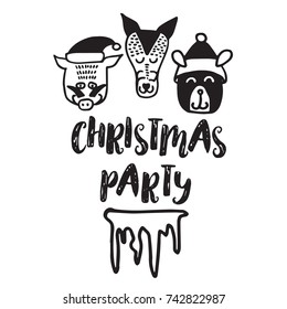 Winter hand drawn poster, cartoon vector illustration. Christmas and New Year card template with phrase and decor elements, animals. Black and white design for greeting cards, t-shirt, prints.
