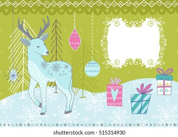 Winter hand drawn poster. Color vector illustration with textures and toys. Merry Christmas card template with place for text.
