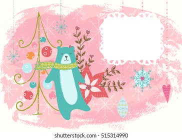 Winter hand drawn poster. Color vector illustration with textures and toys. Merry Christmas card template with place for text.