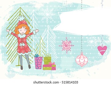 Winter hand drawn poster. Color vector illustration with textures and toys. Merry Christmas card template with place for text.
