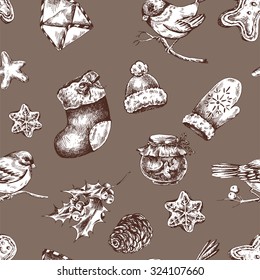 Winter hand drawn seamless background with Christmas elements, Envelope Bullfinches, Mittens Jam Sock Gingerbread Pine cones and Holly, Vintage vector Merry Christmas and Happy New Year illustration