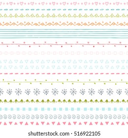 Winter hand drawn seamless borders collection on white background. Color vector illustration with snowflakes and curves. Christmas theme.