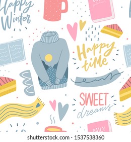 Winter hand drawn seamless pattern for print, textile, wallpaper. Modern girls cute background.
