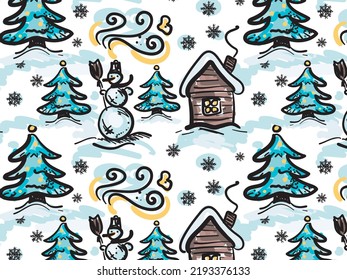 Winter hand drawn seamless pattern, Christmas landscape. For fabrics and textile.