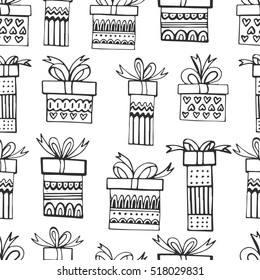 Winter hand drawn seamless pattern with gifts on white background. Vector sketch illustration with cute christmas boxes. Festive theme.
