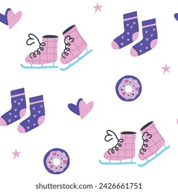 Winter hand drawn seamless vector pattern. Xmas or Valentine's day. Sketch texture. Skates, socks and donuts. Winter holiday illustration. New Year textile, wrapping paper, background design