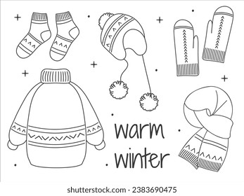 Ropa vestida con mano de invierno. El Line Art La ropa cálida es acogedora. Icono de esbozo del vector lineal aislado en blanco