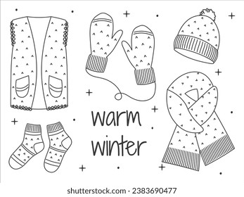 Winter hand drawn set clothes. Line Art Cozy warm clothes. Linear Vector sketch icon isolated on white