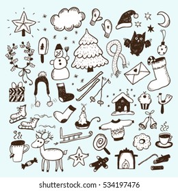 Winter hand drawn sketch set. Christmas icons