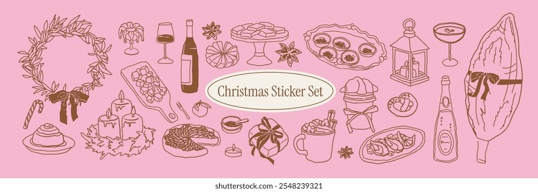 Winter hand drawn sketches of food, drinks, decor, gifts, wreath. Vector line chalk doodles for invitations, cafe menus, greeting cards. Clipart ink elements in elegance Italian style.