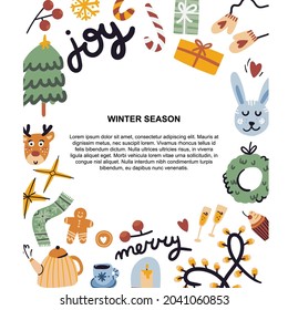 Winter hand drawn template. Christmas season cozy frame. Invitation, new year holiday poster, article scandinavian style. Xmas collection isolated on white.