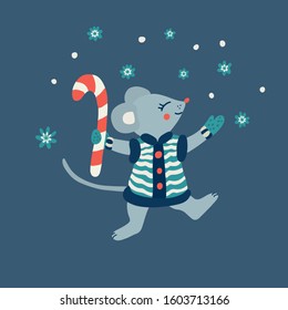 Winter hand drawn vector illustration of a happy and joyful mouse with a candy cane. She is wearing mittens and a dress. Isolated on dark  background. 