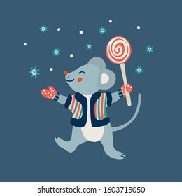 Winter hand drawn vector illustration of a happy and joyful mouse with a lollipop. He is wearing mittens and a sweater-vest. Isolated on dark blue background. 