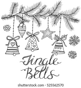 Winter hand drawn vector illustration with branches and Christmas bells, toys, on white background. Jingle bells.