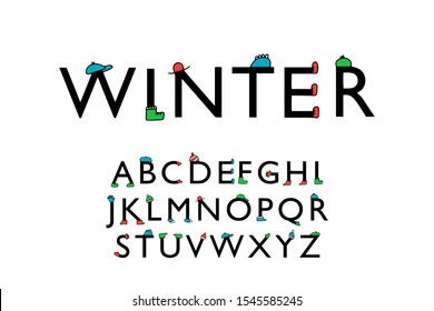 Winter hand drawn vector type font in cartoon comic style hats shoes gloves mittens clothes warm