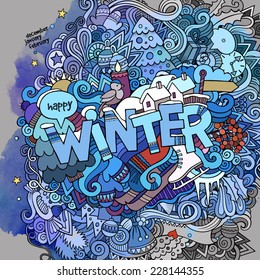 Winter hand lettering and doodles elements watercolor background. Vector illustration