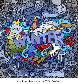 Winter hand lettering and doodles elements background. Vector illustration