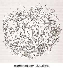 Winter hand lettering and doodles elements background. Vector illustration