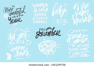 Winter hand lettering quote. Hello December. Dear Santa. It's a season to sparkle