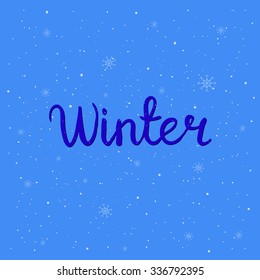 Winter. Hand written calligraphic word. Isolated typographical design element for prints, invitations, templates, cards. Unique typography on blue background.