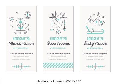 Winter handcrafted cosmetics design kit. Collection of New Year and Christmas advertising layouts with skin care products. Creative tribal line style. Minimalistic black and turquoise elements