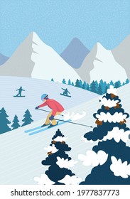 Winter hand-drawn poster active recreation in alpine mountains. Skier downhill skiing down snowy slope. Athletes snowboarders ride snowboard. Outdoor sports in ski resort vector illustration