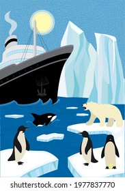 Winter hand-drawn poster north shipping in wildlife. Sail icebreaker and iceberg in northern ocean. Polar bear and penguins sitting on ice floe, killer whale emerge from wave. Arctic and antarctic