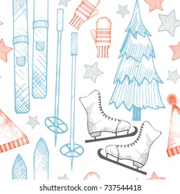 Winter hand-drawn vector seamless pattern.