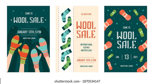 Winter handmade clothes sale flyers set. Knitted socks, mittens, yarn vector illustrations with text, date and time. Fashion and hobby concept for invitation cards and leaflets design