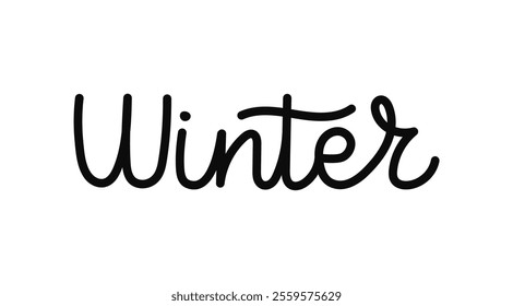 Winter handwritten in a flowing, cursive font. Hand drawn calligraphy lettering for wintertime. Black color text on white background.