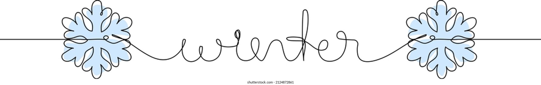 Winter - handwritten inscription with snowflakes. Seasons concept. Minimalistic one line drawing.