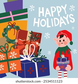 Winter happy holiday vector illustration. Christmas colored gift boxes and Christmas cartoon elf with a gift in his hands. White vector hand drawn inscription. Elements for greeting cards and posters