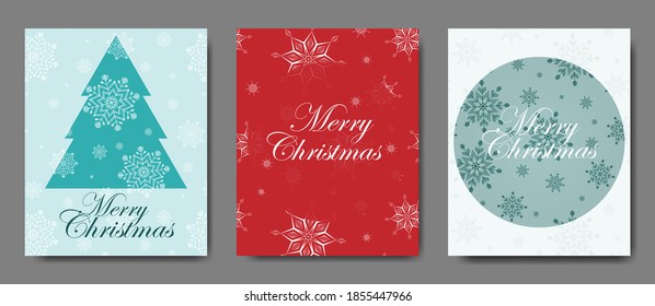 Winter and Happy New Year poster concept. Set of three greeting card illustrations for Holidays with red, green and white colors with snowflakes pattern christmas tree circle and Merry Christmas text