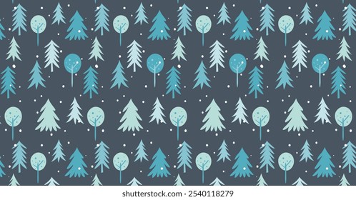 winter Happy New Year seamless pattern with forest firs. New Year symbols.Trendy retro style. Vector design template.