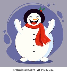 Winter Happy Snowman Character with Red Scarf and Black Hat Smiling. 