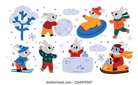 Winter hare, cute happy bunny animals in cartoon style. Merry Christmas 2023 and Happy new year illustration for kids. Rabbits and snowflake holiday hand drawn season  collection