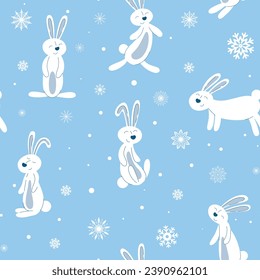 Winter hares in different poses seamless pattern
