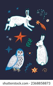 Winter hares and owl vector illustration postcard.