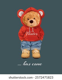 winter has comes slogan with bear doll in winter hoodie vector illustration