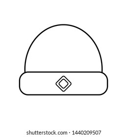 Winter hat with badge outline simple icon on white background. Isolated flat object for web design.