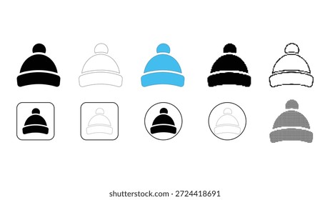 Ícone de gorro de chapéu de inverno definir diversos estilos sólidos, linha e coloridos para coleção de vetor de acessórios de inverno
