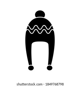 Winter hat black icon isolated on white background. Knitting headwear with two long ear flaps and cap for cold weather. Outdoor clothing. Vector illustration