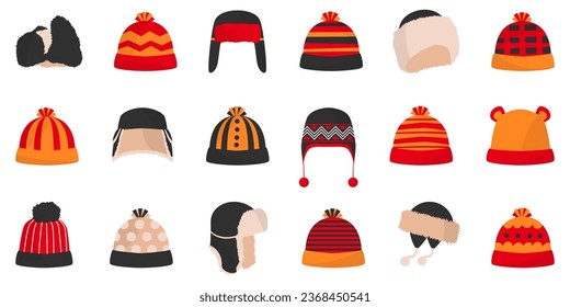 Winter hat or cap icons. Beanie collection in a flat design. Color winter hats set